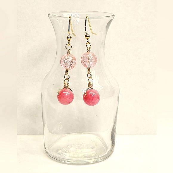Pink Rhodochrosite and Crackled Glass Beaded Earrings - Picture 2 of 6